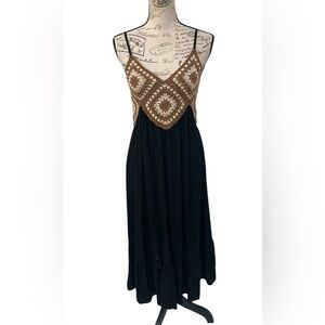 Raviya Crochet Bodice Black Boho Midi Sundress Cover-Up Made in India Small